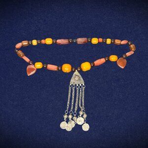 Large Boho Beaded Necklace with Pendant Chain Tassel